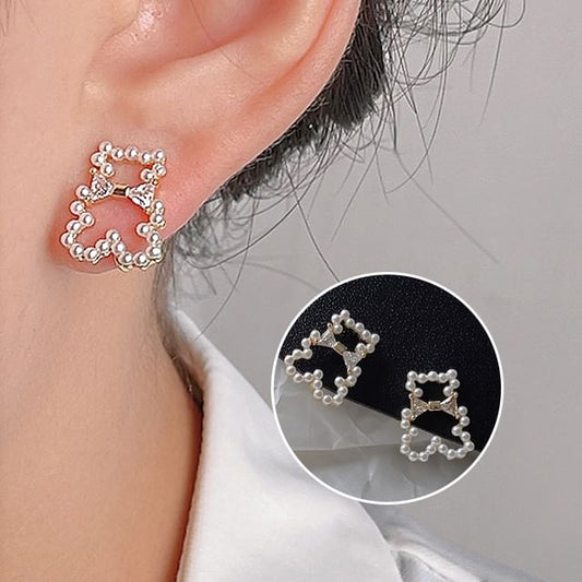 Earring Bear Pearl Faux Rhinestone Clip-On