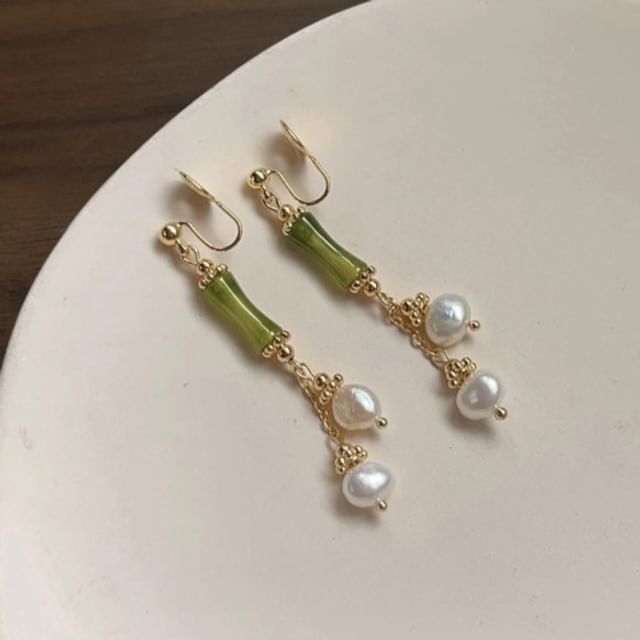Clip-On Pearl Drop Bamboo Faux Earring
