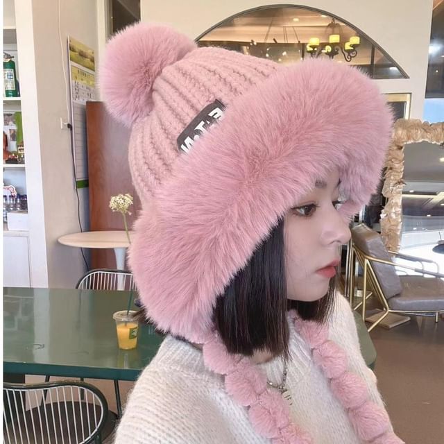 Lettering Hat Trapper Applique Knit Faux Fur