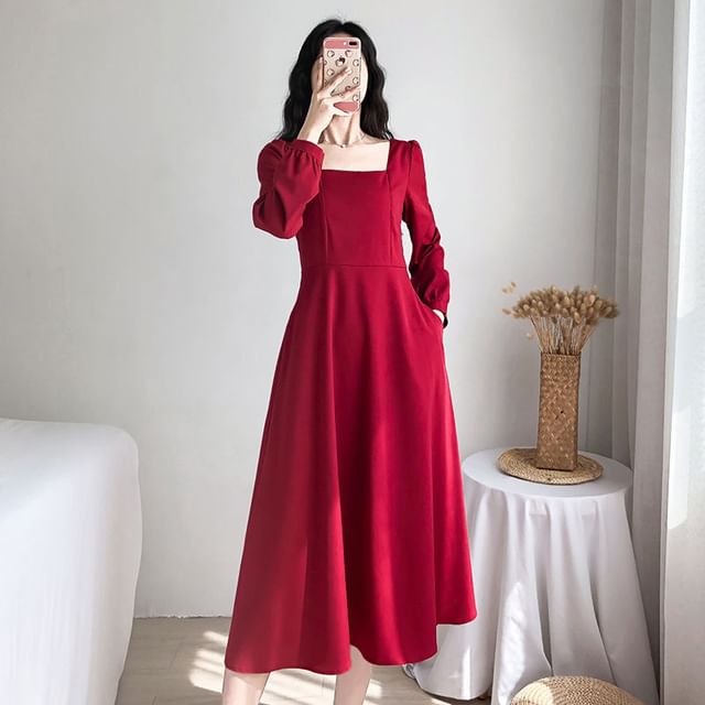 Midi Dress A-Line Long-Sleeve Neck Square Plain