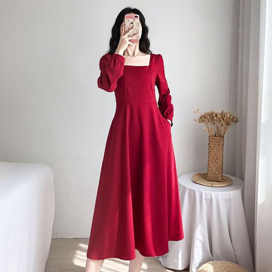 Midi Dress A-Line Long-Sleeve Neck Square Plain
