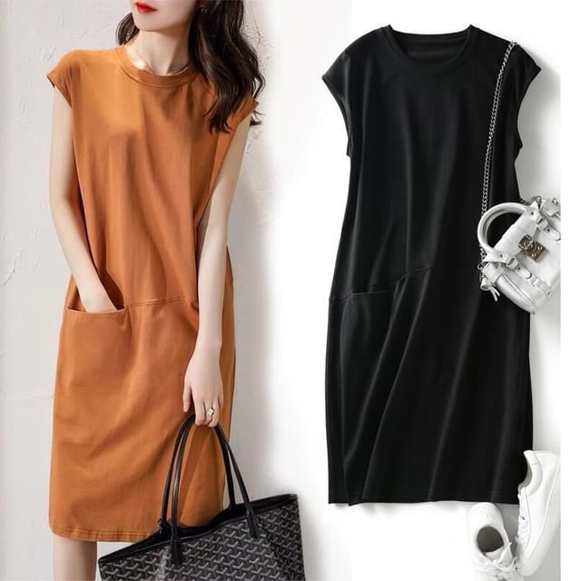 Cap-Sleeve Crew Neck Midi Plain Dress Shift