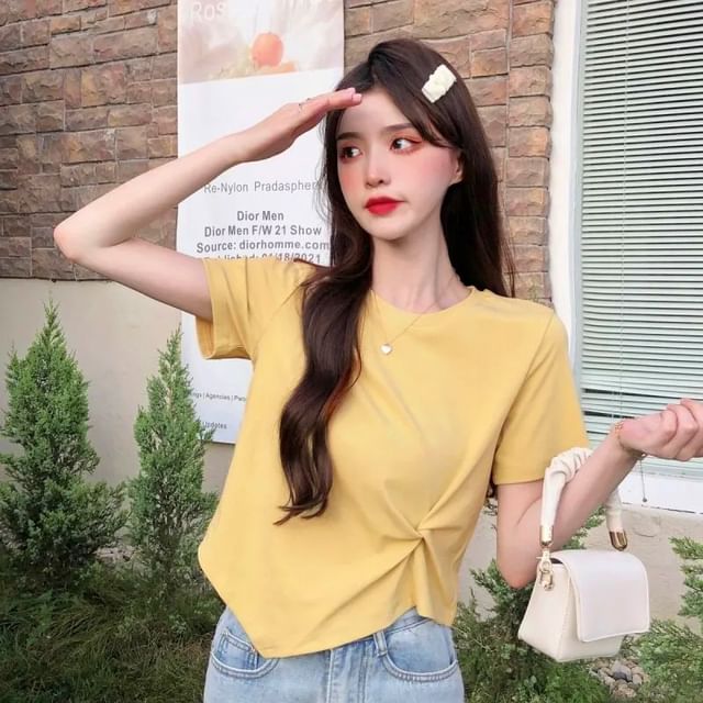 Short-Sleeve T-Shirt Plain Neck Crew Asymmetrical Crop Ruched