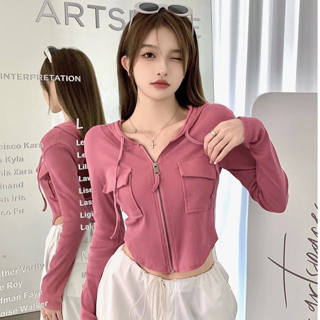 Plain Crop Slim Hoodie Zip-Up Fit