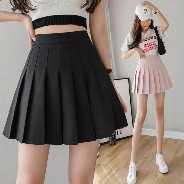 Pleated Plain Skirt Mini Waist A-Line High