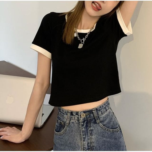 Trim Crew Contrast Neck Crop T-Shirt Short-Sleeve