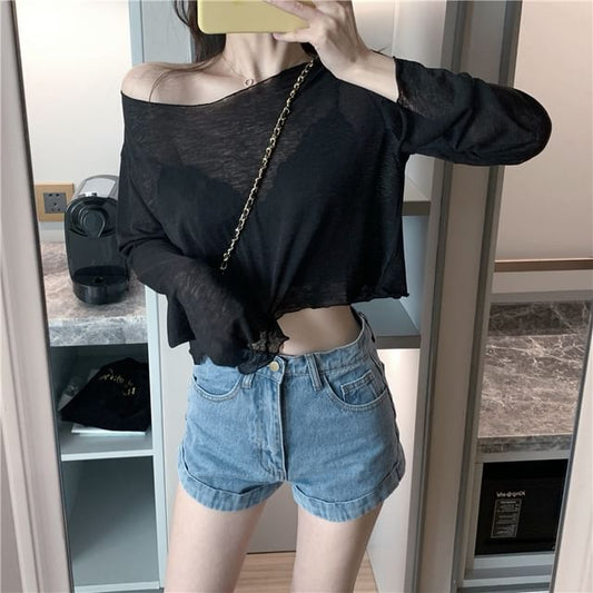Sheer Long-Sleeve T-Shirt Plain Off-Shoulder Crop