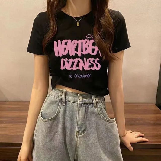 Short-Sleeve Crop Lettering Neck Print Crew T-Shirt