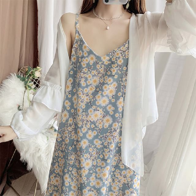 Midi Shift V-Neck Floral Spaghetti Dress Strap Print