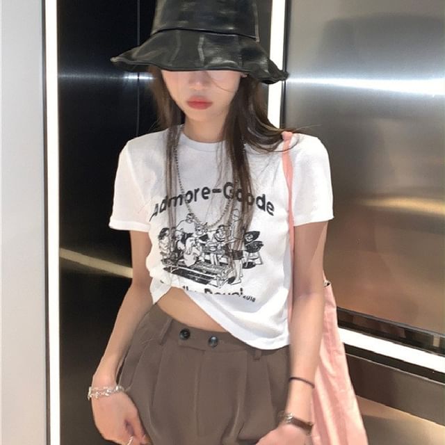 Neck Crop Print Lettering T-Shirt Crew Short-Sleeve