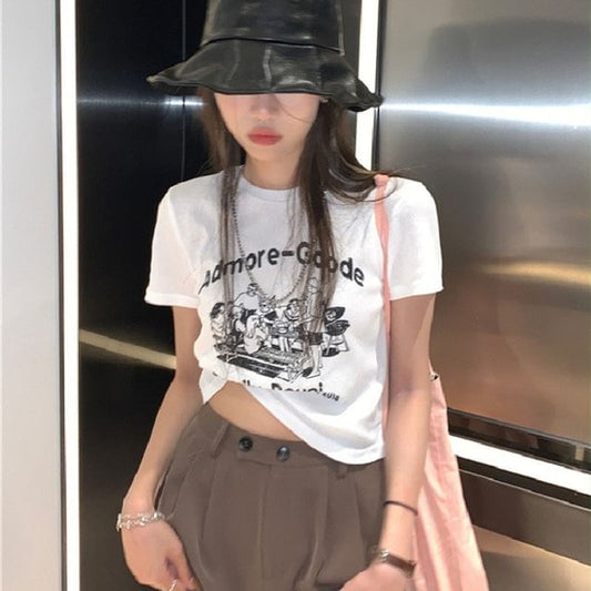 Neck Crop Print Lettering T-Shirt Crew Short-Sleeve