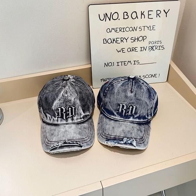 Cap Distressed Baseball Washed Denim Lettering