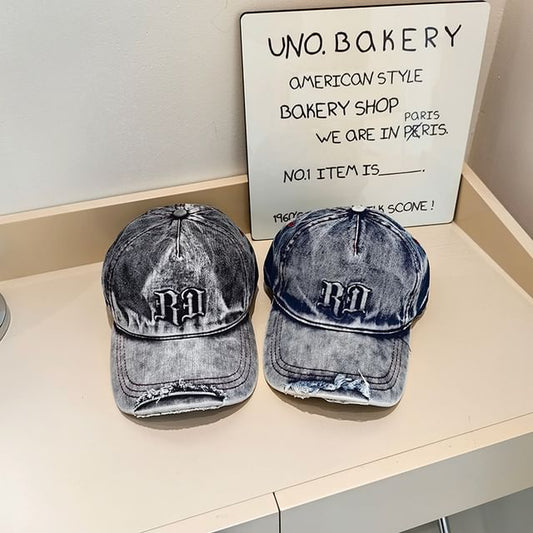 Cap Distressed Baseball Washed Denim Lettering