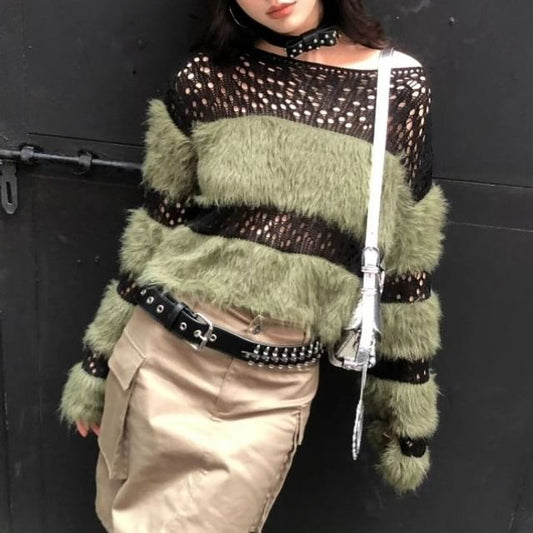 Boatneck Knit Long-Sleeve Top Perforated