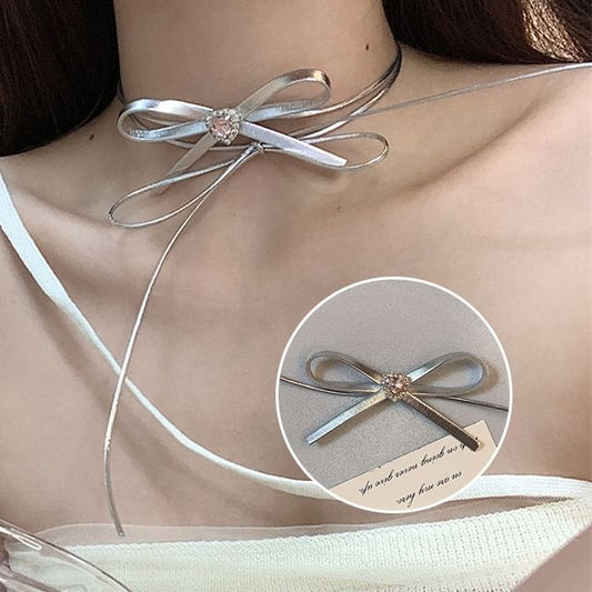 Ribbon Choker Leather Faux Heart Rhinestone