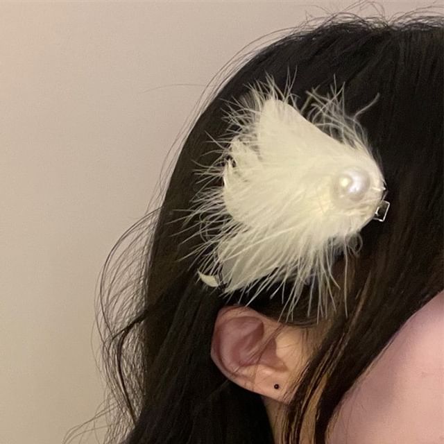 Pearl Faux Feather Clip Hair of Set 2: