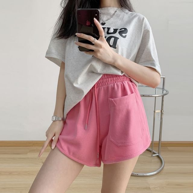 Drawstring Sweat Waist Plain Shorts