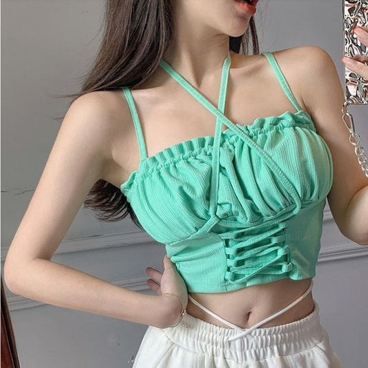Up Lace Crop Plain Top Ruched Camisole