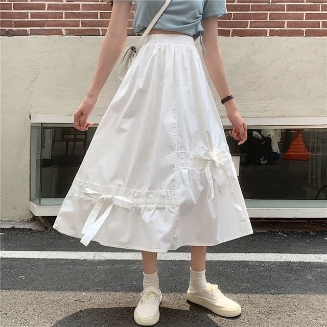 Skirt Panel Midi Plain Bow Waist Elastic A-Line