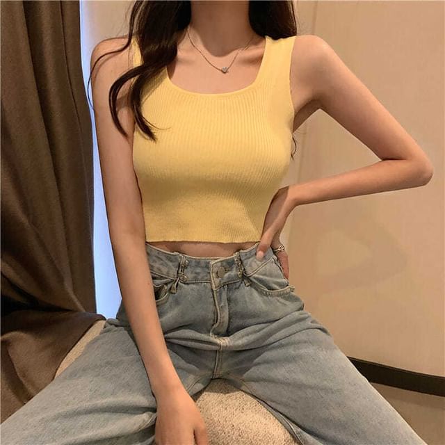 Ribbed Tank Top Square Neck Plain Knit