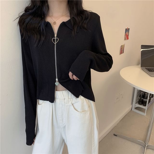 Collared Zip Plain Cardigan