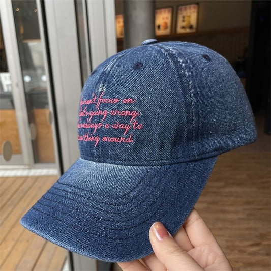Washed Embroidered Denim Baseball Lettering Cap