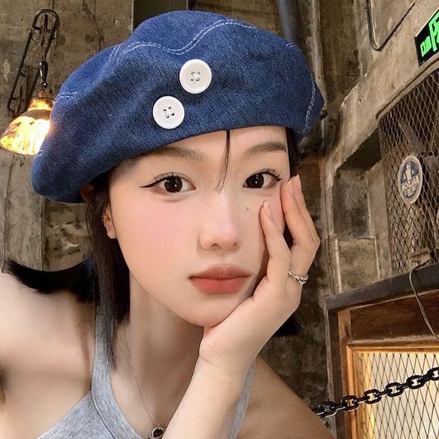 Button Washed Denim Beret Accent