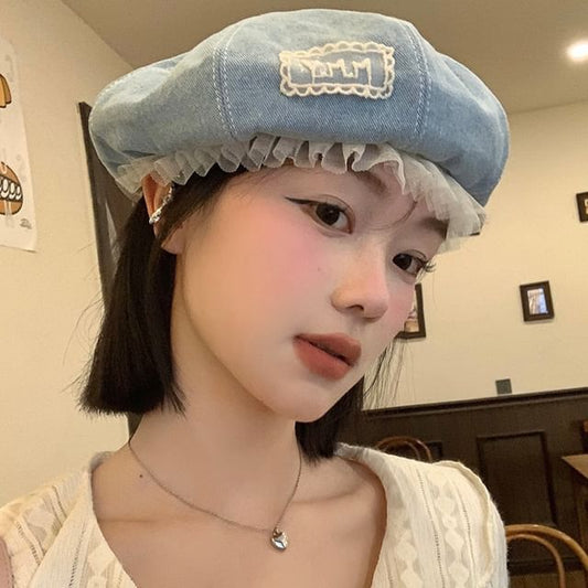 Mesh Lettering Applique Denim Beret Panel