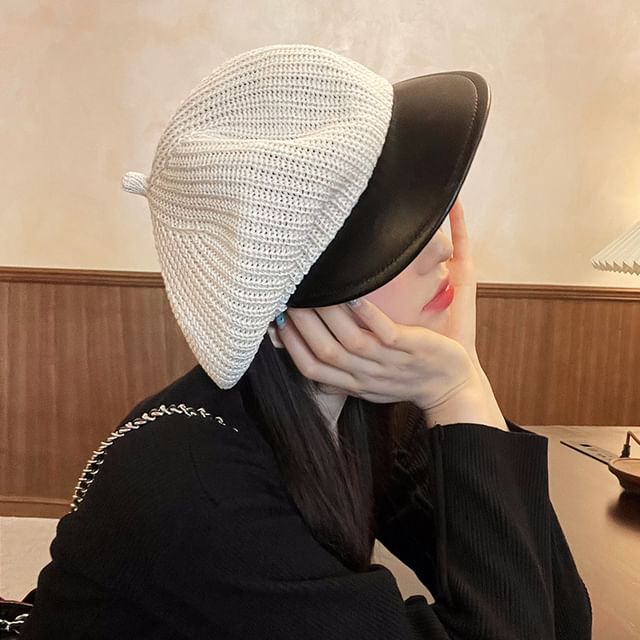 Faux Cap Leather Panel Knit Newsboy