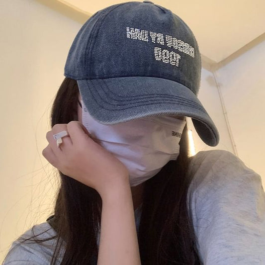 Washed Lettering Rhinestone Cap Denim Baseball
