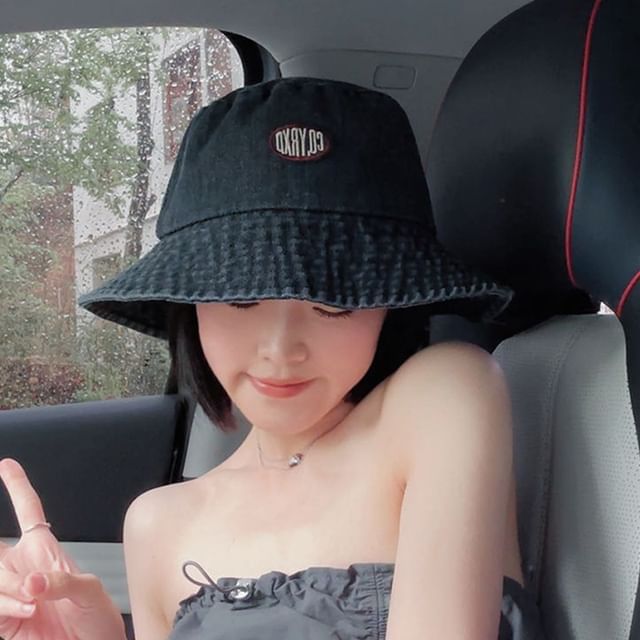 Applique Lettering Hat Washed Denim Bucket