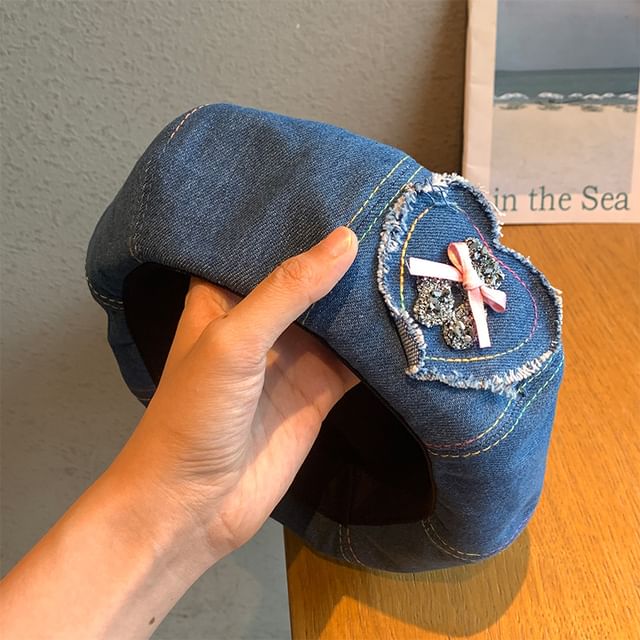 Beret Denim Rhinestone Heart Applique Bow