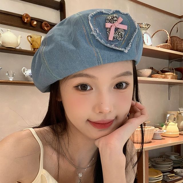 Beret Denim Rhinestone Heart Applique Bow