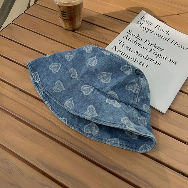 hat Washed Heart Bucket Print Denim