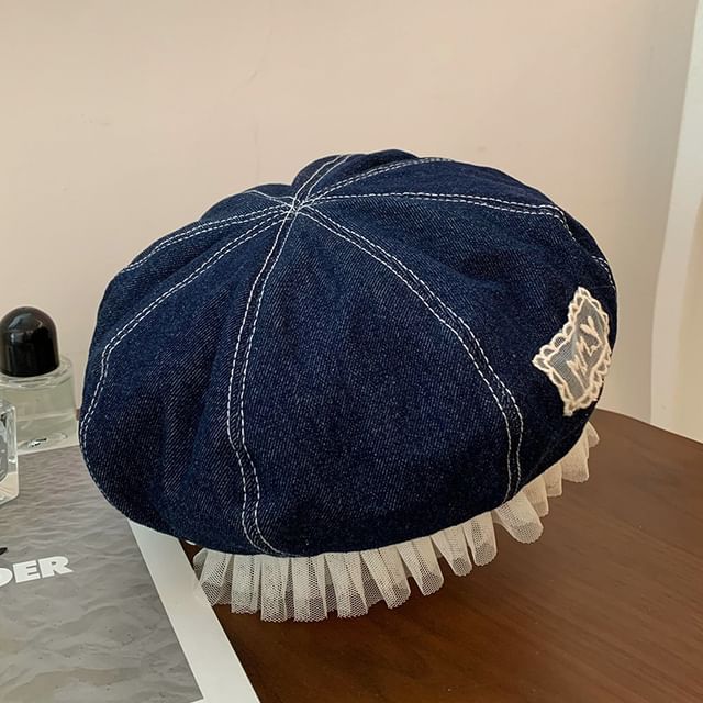 Mesh Lettering Applique Denim Beret Panel