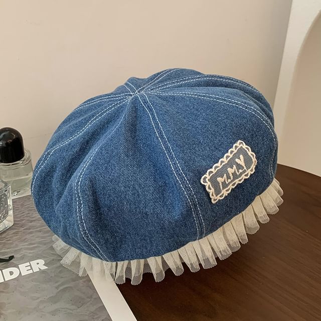 Mesh Lettering Applique Denim Beret Panel