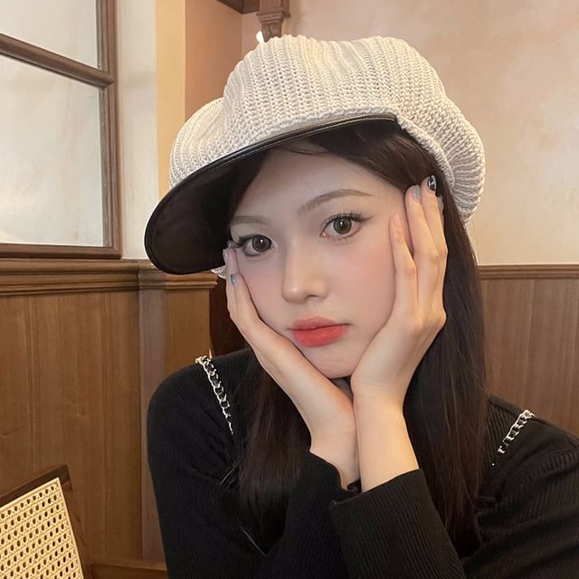 Faux Cap Leather Panel Knit Newsboy