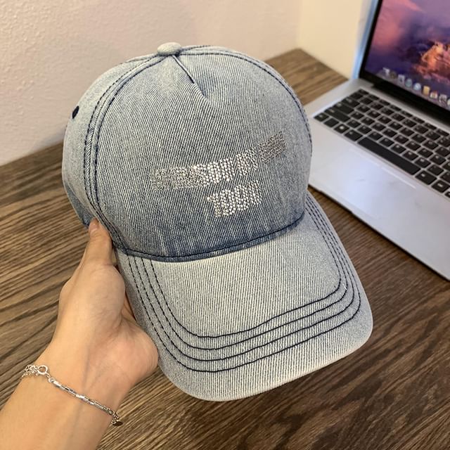 Washed Lettering Rhinestone Cap Denim Baseball