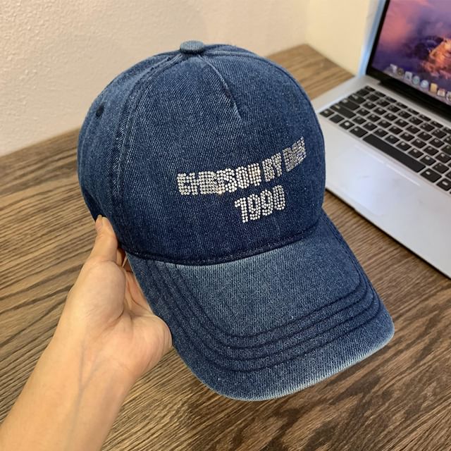 Washed Lettering Rhinestone Cap Denim Baseball