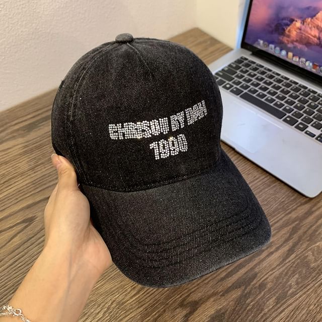 Washed Lettering Rhinestone Cap Denim Baseball