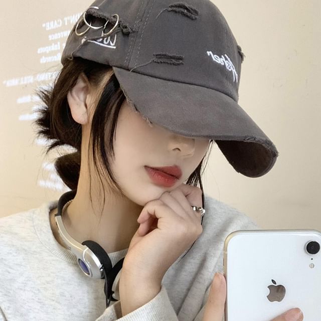 Cap Distressed Lettering Baseball Embroidered