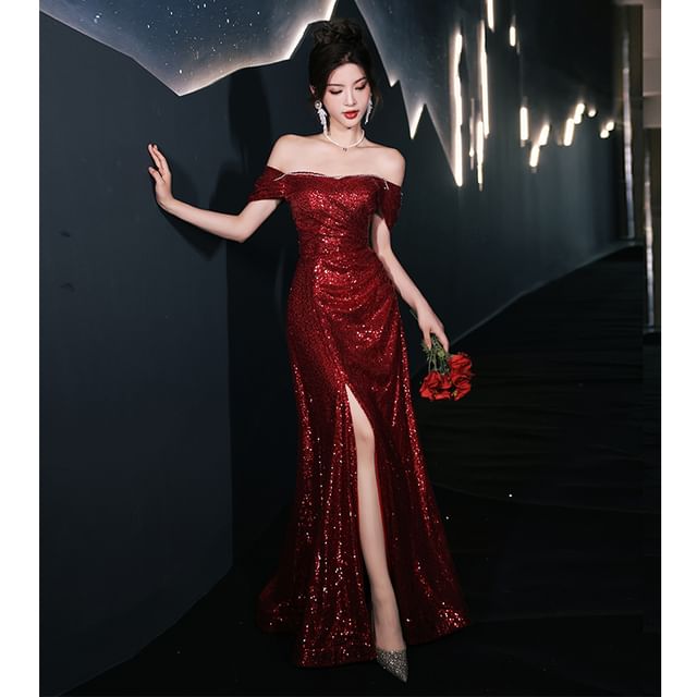 Evening Slit Short-Sleeve Sequin Gown Neck Square Plain A-Line