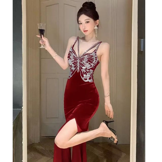Spaghetti Open V-Neck Gown Rhinestone Back Strap Slit Evening Mermaid Butterfly Velvet