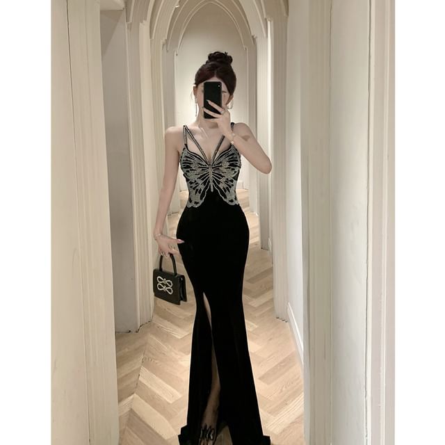 Spaghetti Open V-Neck Gown Rhinestone Back Strap Slit Evening Mermaid Butterfly Velvet