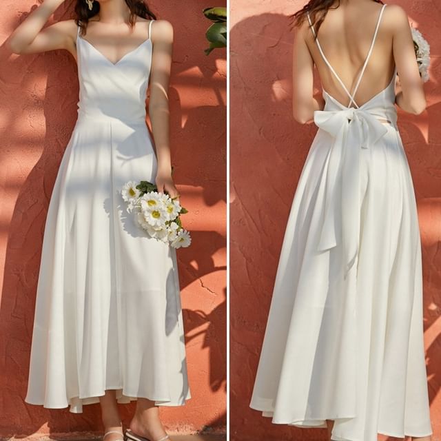 Plain Maxi V-Neck Strap Spaghetti Dress A-Line