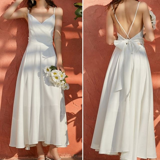 Plain Maxi V-Neck Strap Spaghetti Dress A-Line