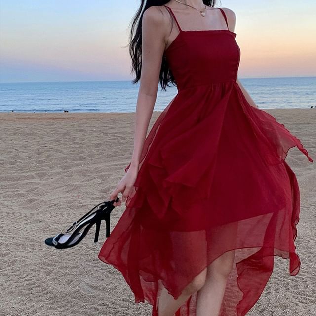 Asymmetrical Sheer Dress Spaghetti A-Line Strap