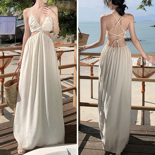 A-Line Maxi V-Neck Plain Cutout Strap Dress Spaghetti