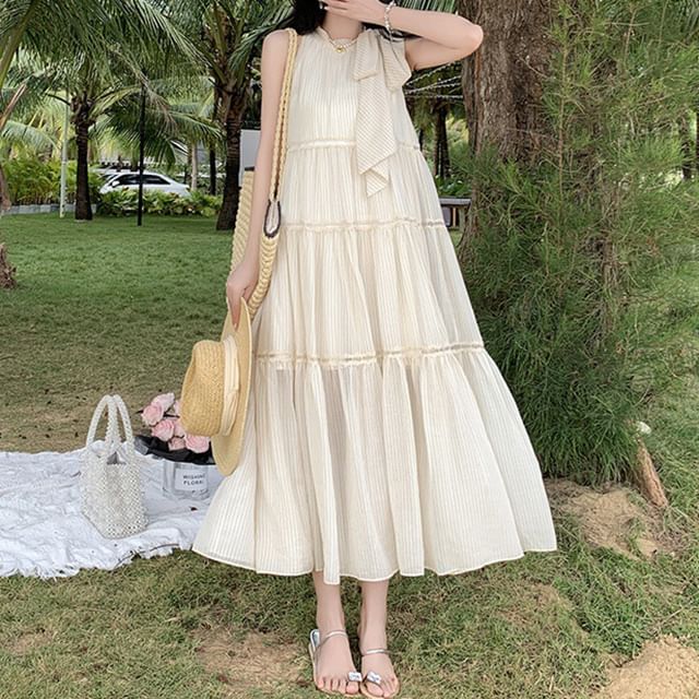 Crewneck Sleeveless Midi Dress A-Line Plain