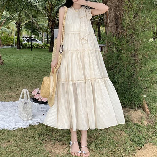 Crewneck Sleeveless Midi Dress A-Line Plain